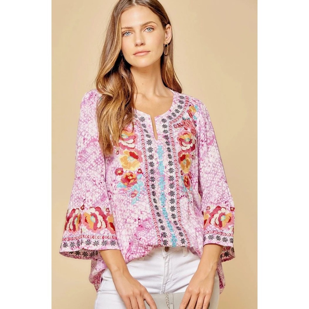 Savanna Jane South Beach Blouse Small Pink Floral Embroidered Bell Sleeve Boho